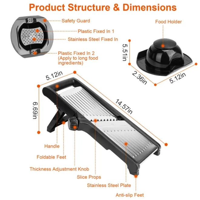 Diagram of a mandoline slicer with labeled parts and dimensions on a white background