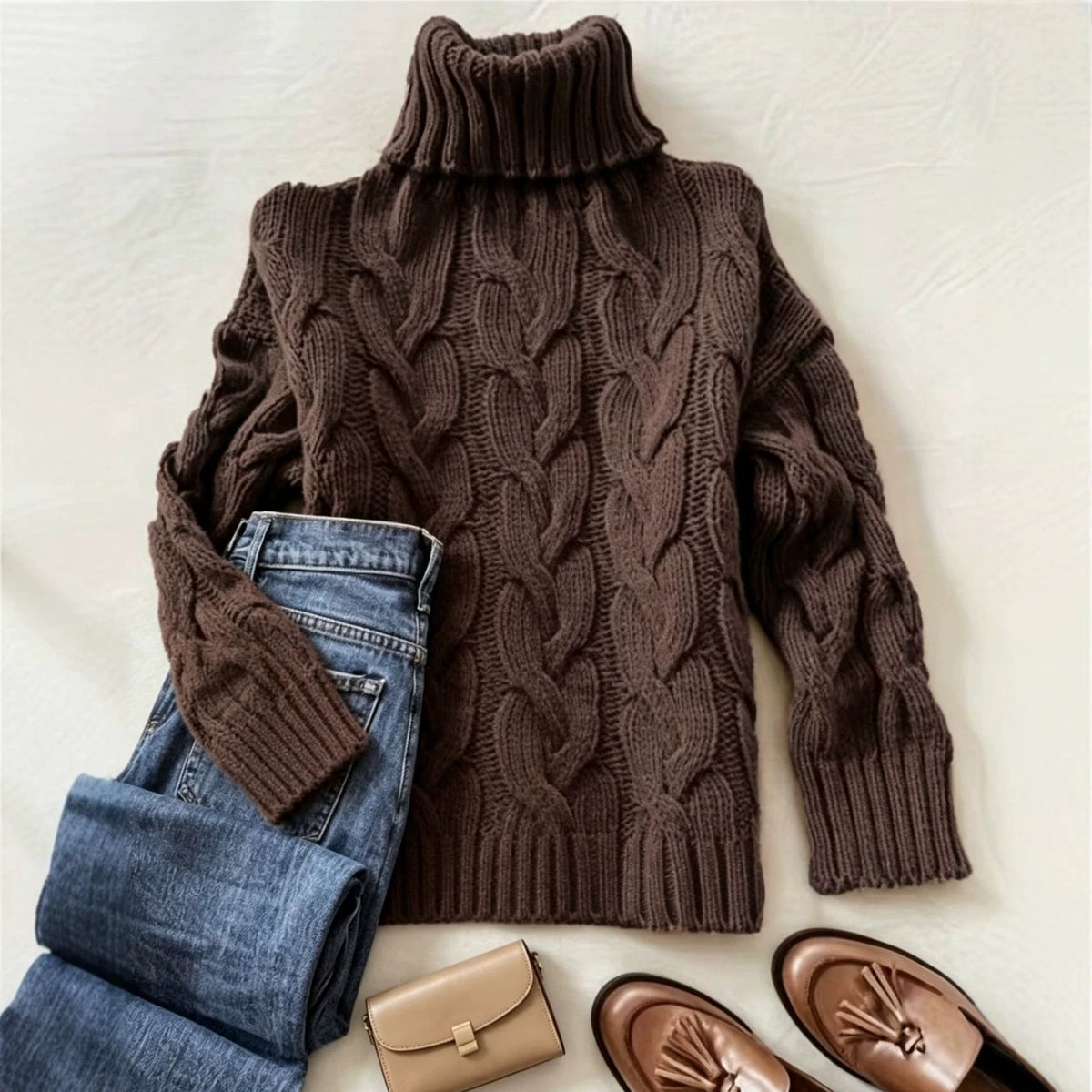 Chocolate brown cable-knit turtleneck long-sleeve sweater with thick ribbed trim.