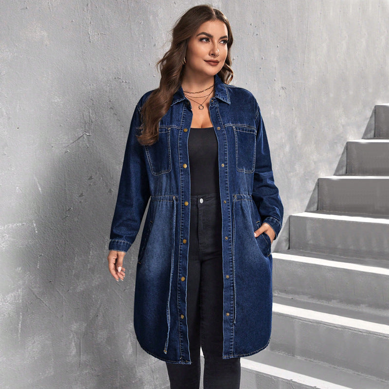 Dark blue denim button-front blouse jacket with two chest pockets and long sleeves