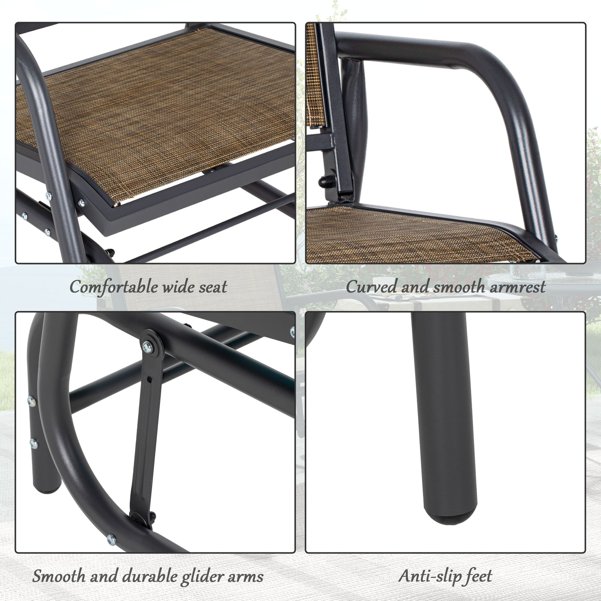 Outdoor steel glider chair features wide tan seat, curved armrests, and anti-slip feet