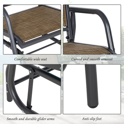 Outdoor steel glider chair features wide tan seat, curved armrests, and anti-slip feet