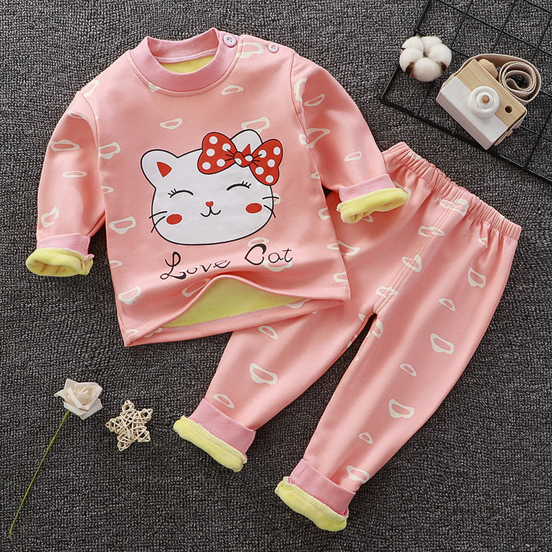 Kids thermal underwear set, pink long-sleeve top and pants with cat print and yellow cuffs