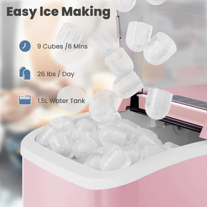 Pink portable countertop ice maker with visible ice cubes in the bin