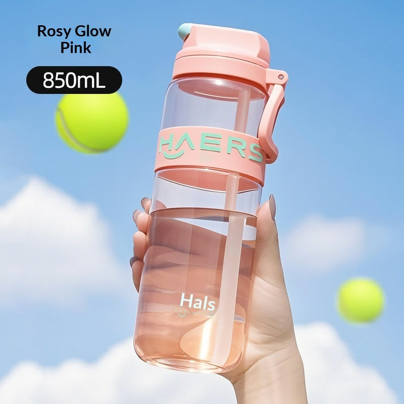 Rosy pink leak-proof water bottle with straw lid, 850ml capacity