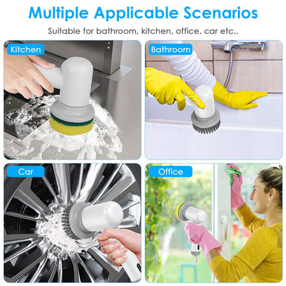 Cordless spin scrubber used on kitchen sink, bathroom tub, car wheels, and office surfaces