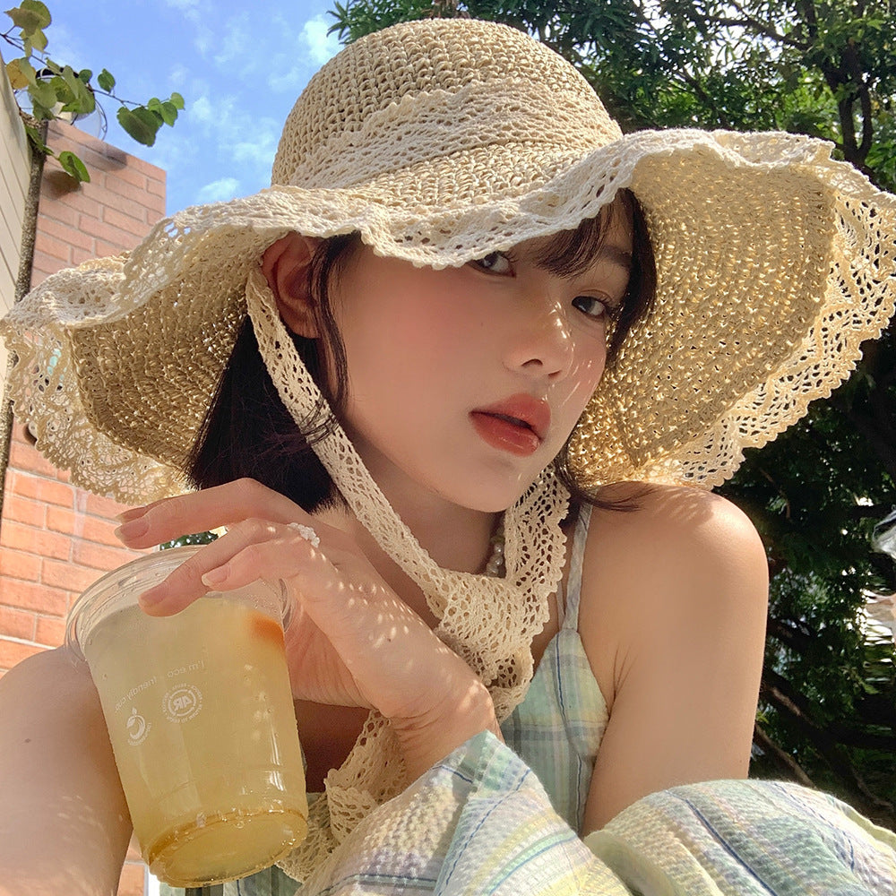 Elegant Straw Bucket Hat for Summer Lace String Color Woven Straw Hat Summer | Ectron Online