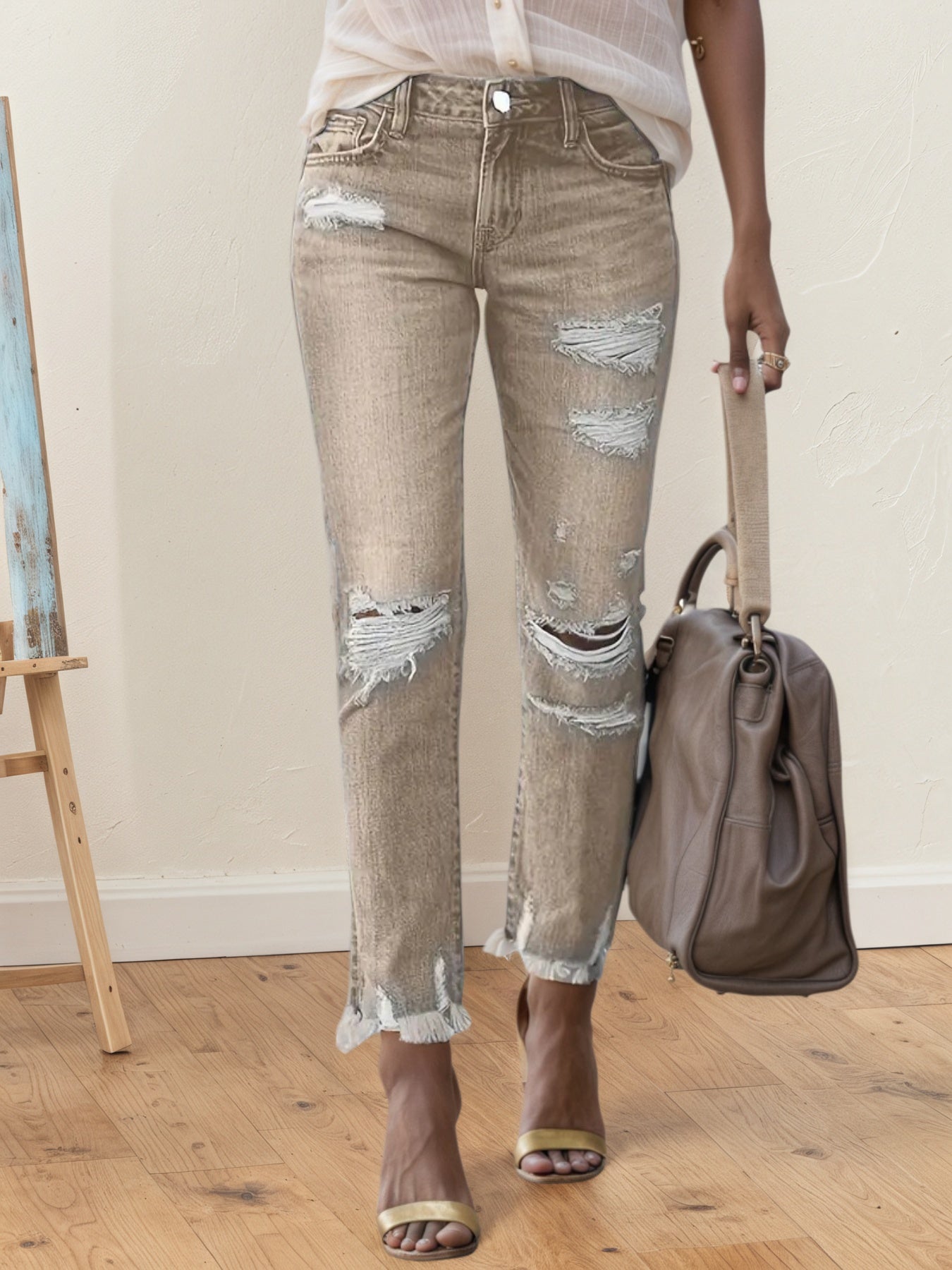 Plus-size ripped slim-straight jeans, light brown, with thigh-to-knee rips and frayed hem