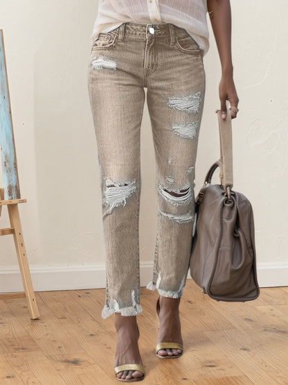 Plus-size ripped slim-straight jeans, light brown, with thigh-to-knee rips and frayed hem