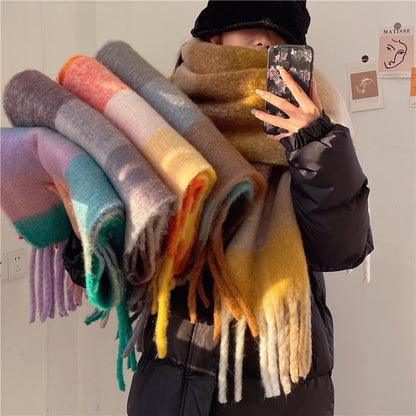 Women's Rainbow Plaid Tassel Scarf | Colorful Color-Block Winter Shawl Women's Plaid Tassel Scarf Rainbow Color | Ectron Online