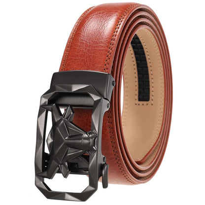 Fashion Men's Leather Belt Alloy Automatic Buckle with sleek black alloy buckle and rich brown leather strap.