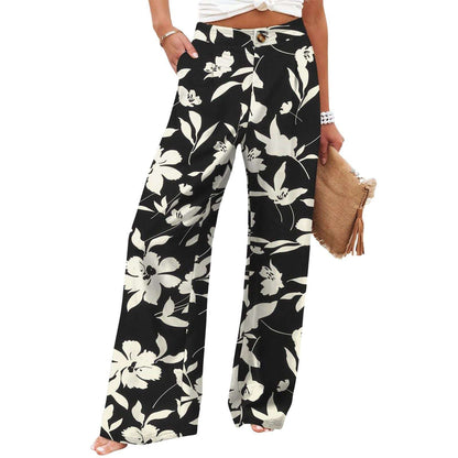 Women's Button Elastic Waist Wide Leg Trousers