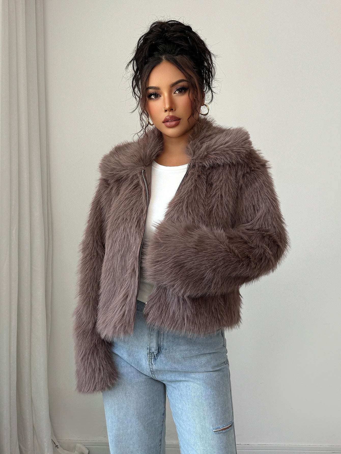 Women’s faux fur long-sleeve overcoat, mauve, soft shaggy texture, open front