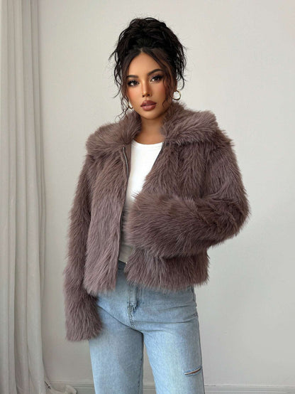 Elegant Elegant Style All-match Fluff Long-sleeved Overcoat Coat For Women