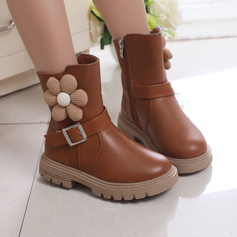 Girls’ leather ankle boots in brown with floral fabric accents and silver buckle strap