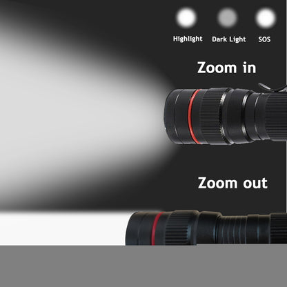 Close-up of black flashlight barrel with red ring and bright white beam.