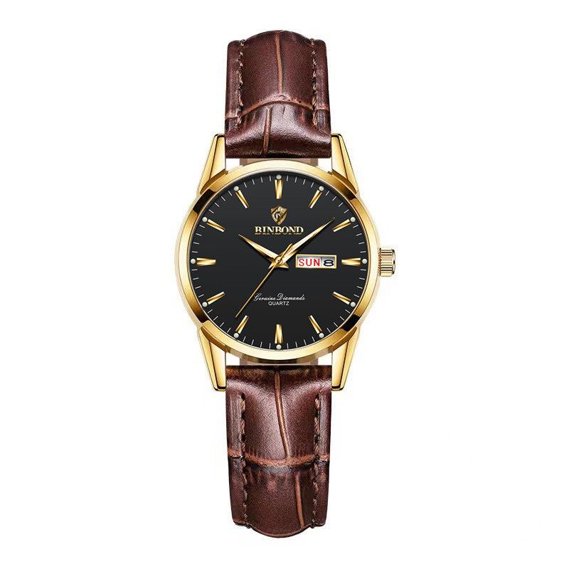Men's quartz watch with gold case, black dial, brown leather strap and day date display
