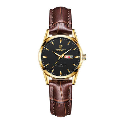 Men's quartz watch with gold case, black dial, brown leather strap and day date display