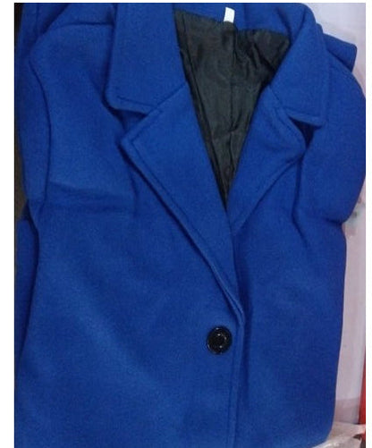 Blue trench coat with notched lapels and single button closure, long sleeves.