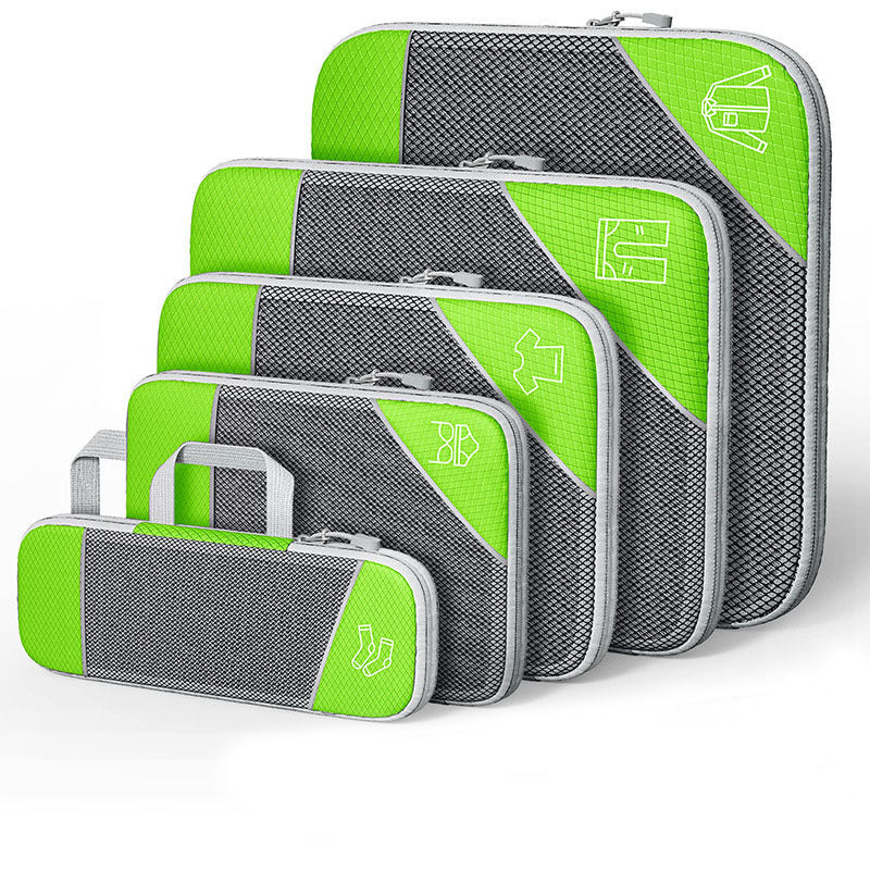 Luggage organizer set with compression bags and shoe bag, green with dark gray mesh panels