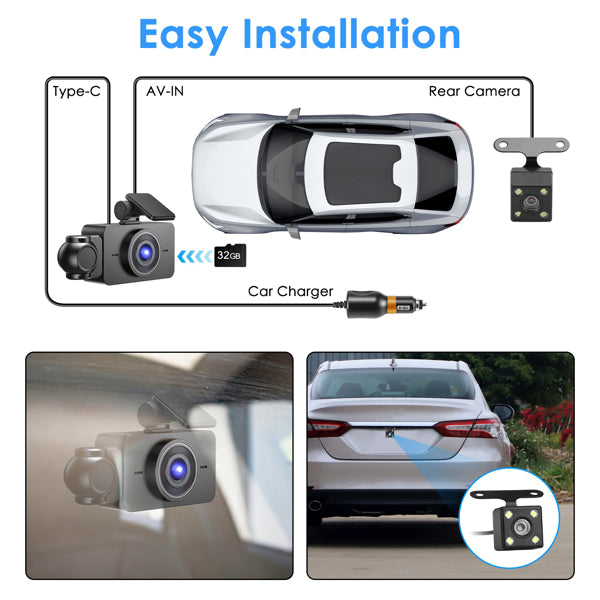 3 Channel Dash Cam 1080P | 360° Front, Interior & Rear Car Camera