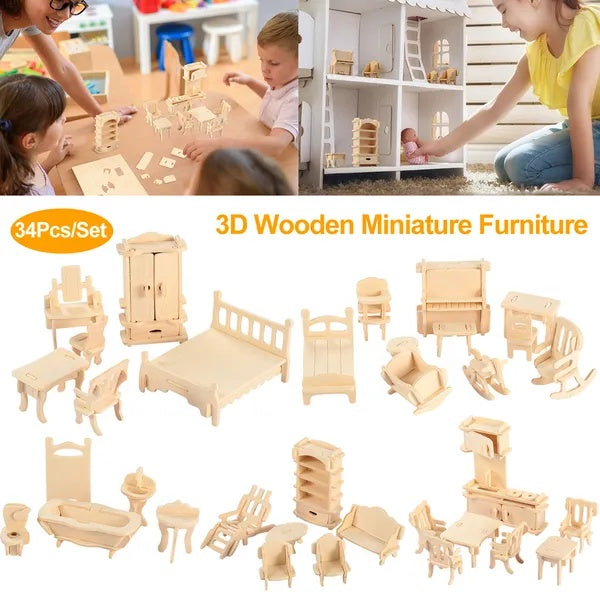 3D wooden miniature furniture set with children playing with it, labeled '34Pcs/Set 3D Wooden Miniature Furniture'.