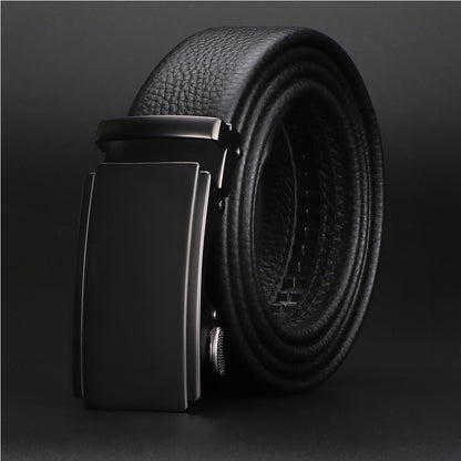 Men’s business casual automatic belt with black leather strap and brushed silver buckle front view