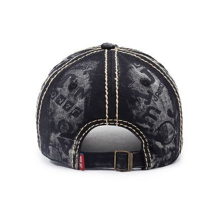 Washed black baseball cap with front logo and adjustable back strap with metal buckle
