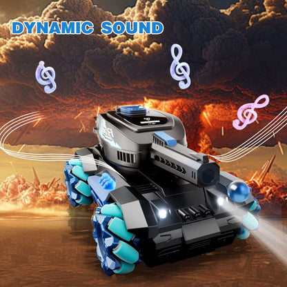 RC stunt tank toy with glowing lights; dark gray body and light-blue wheels