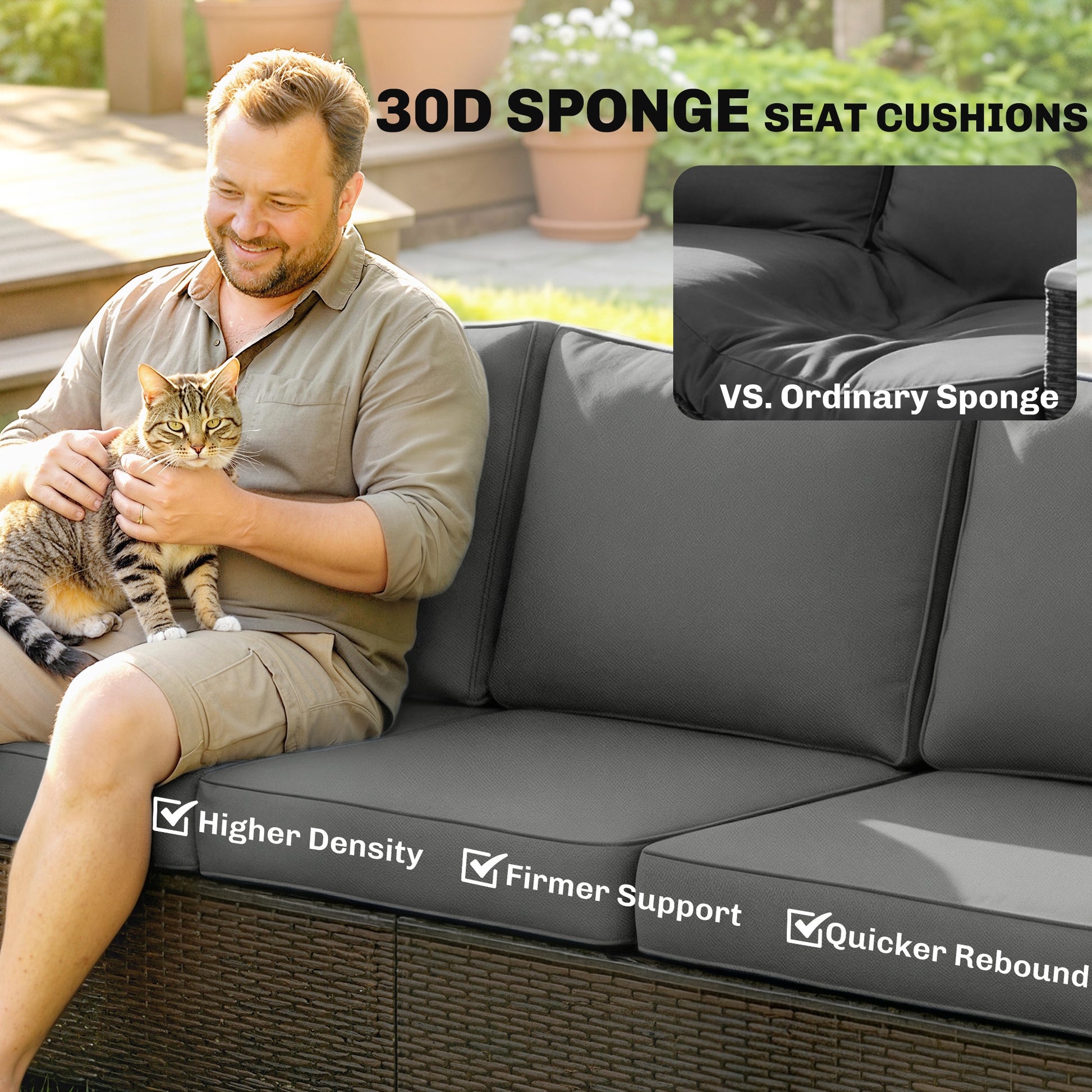 Outdoor sofa with dark wicker base and gray upholstered cushions, corner side view