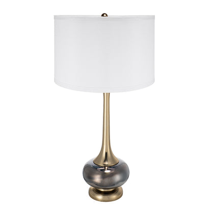 Modern table lamp with white fabric drum shade and gold metal base with round foot