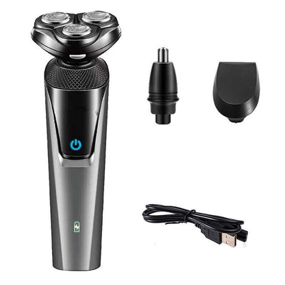Cordless electric beard and nose trimmer kit with silver body, accessories, and black attachment