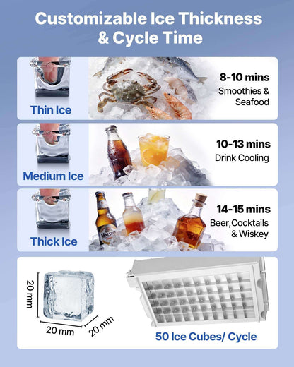 Ice machine with open ice bin and ice thickness/cycle time information panel
