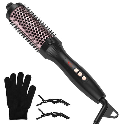 Handheld hair brush with black handle and pink bristle head