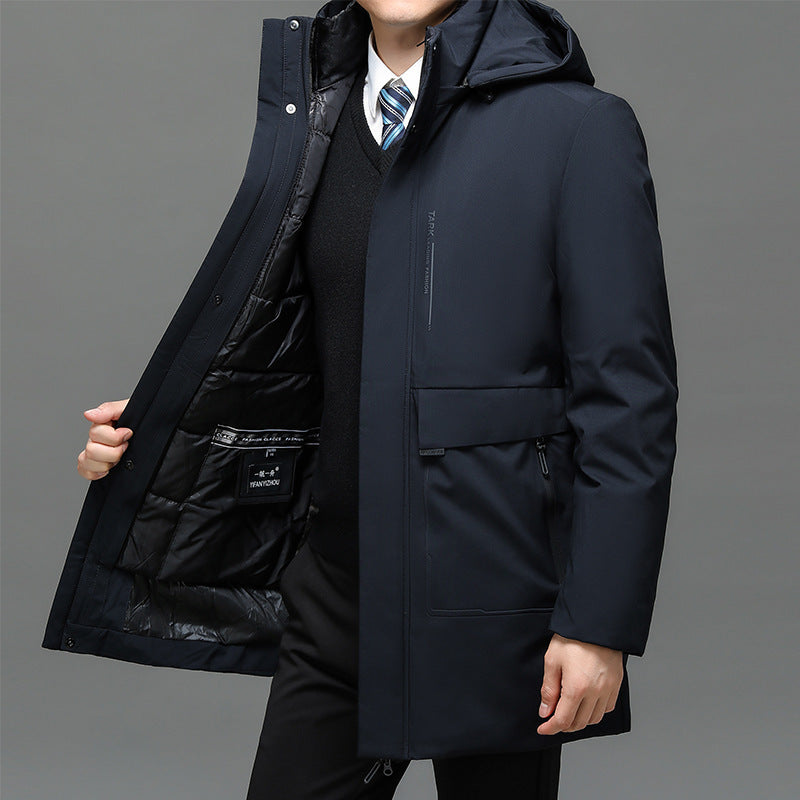 Dark hooded cotton coat with detachable padded inner liner, side three-quarter view