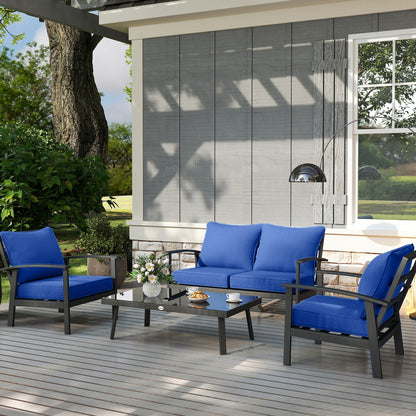 Navy blue patio chair cushion set on outdoor bench seating with back and seat pads