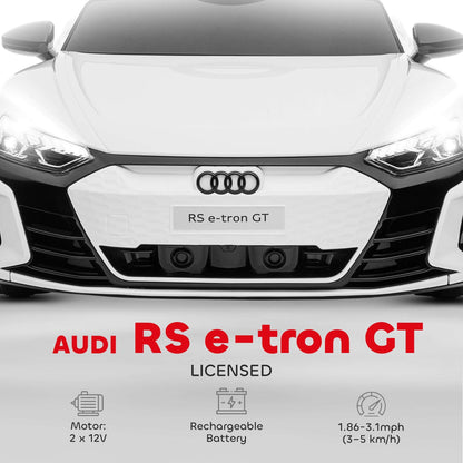 White Audi-style kids ride-on car front with headlights, grille, and RS e-tron GT badge