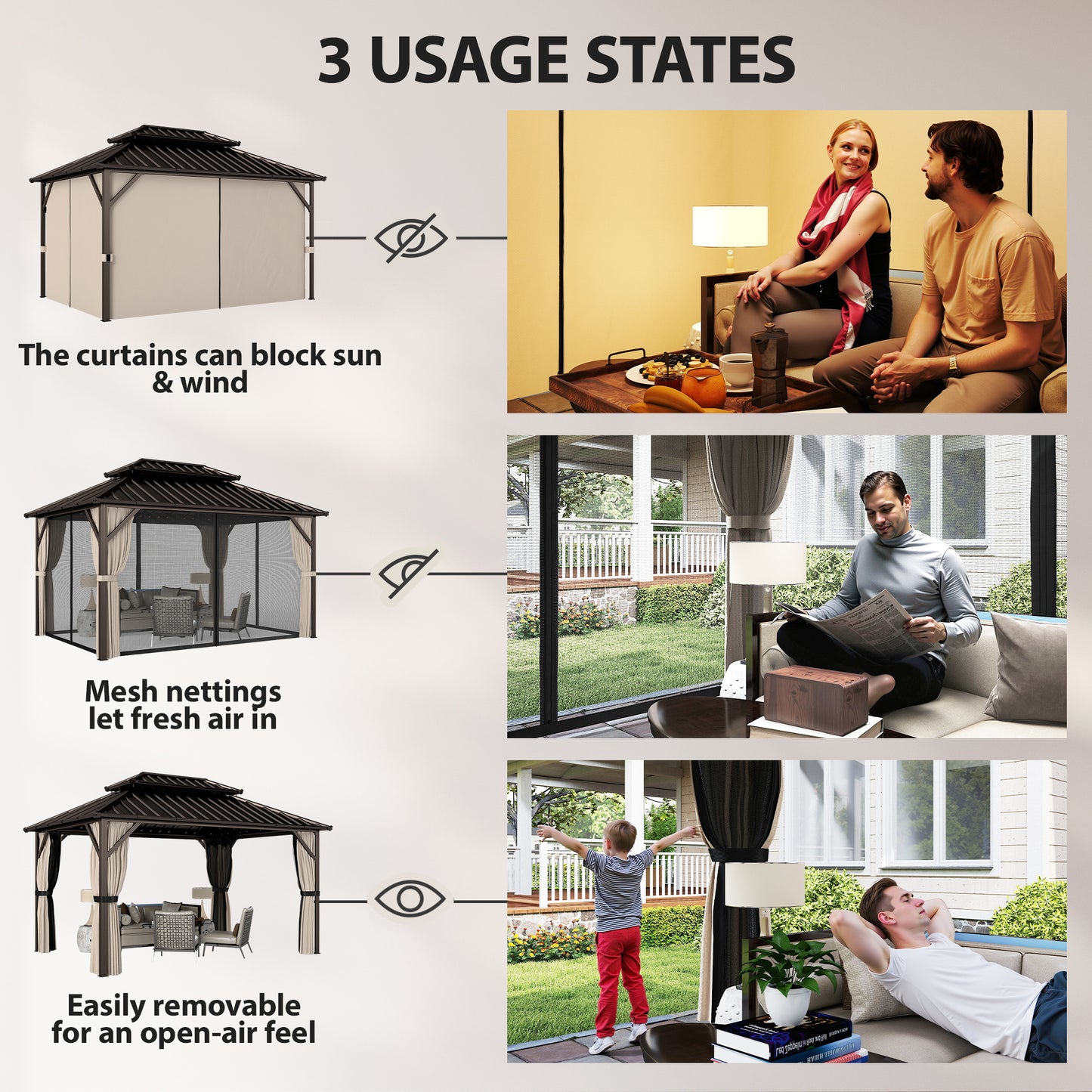 Brown hardtop gazebo with removable mesh nettings and curtains for outdoor lounging