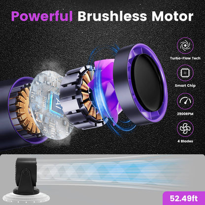 Rechargeable fan with purple LED ring and visible blade-and-motor close-up