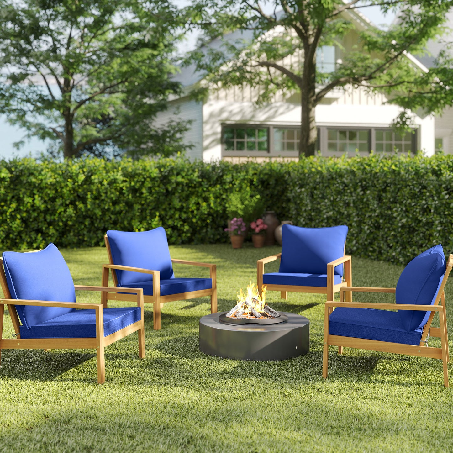 Navy blue patio chair cushions on wooden-framed chairs in a backyard yard setting