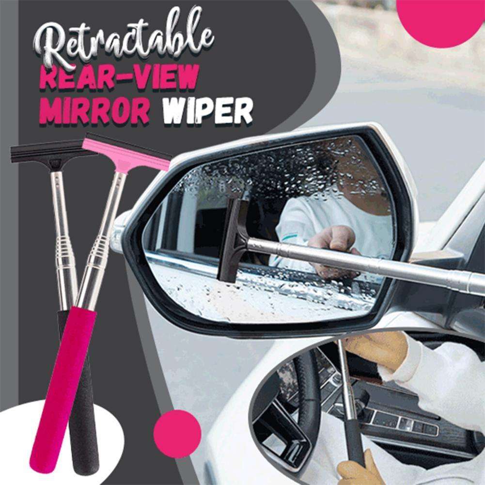 Retractable rear-view mirror wiper with pink squeegee on a car interior background