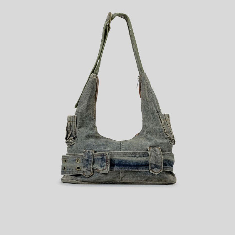 Dark green distressed leather shoulder bag with wide strap and front buckle detail