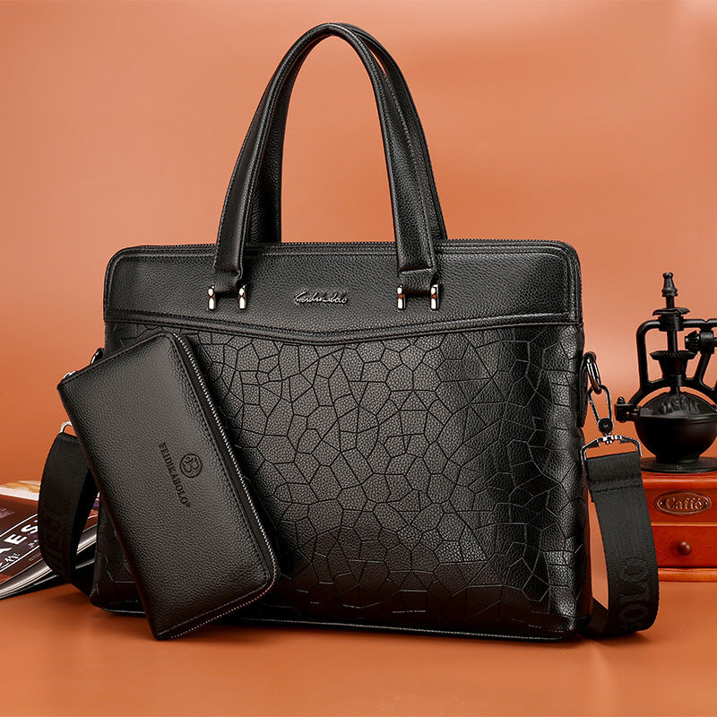 Black leather briefcase set with stone pattern and matching zip pouch, top handles and strap