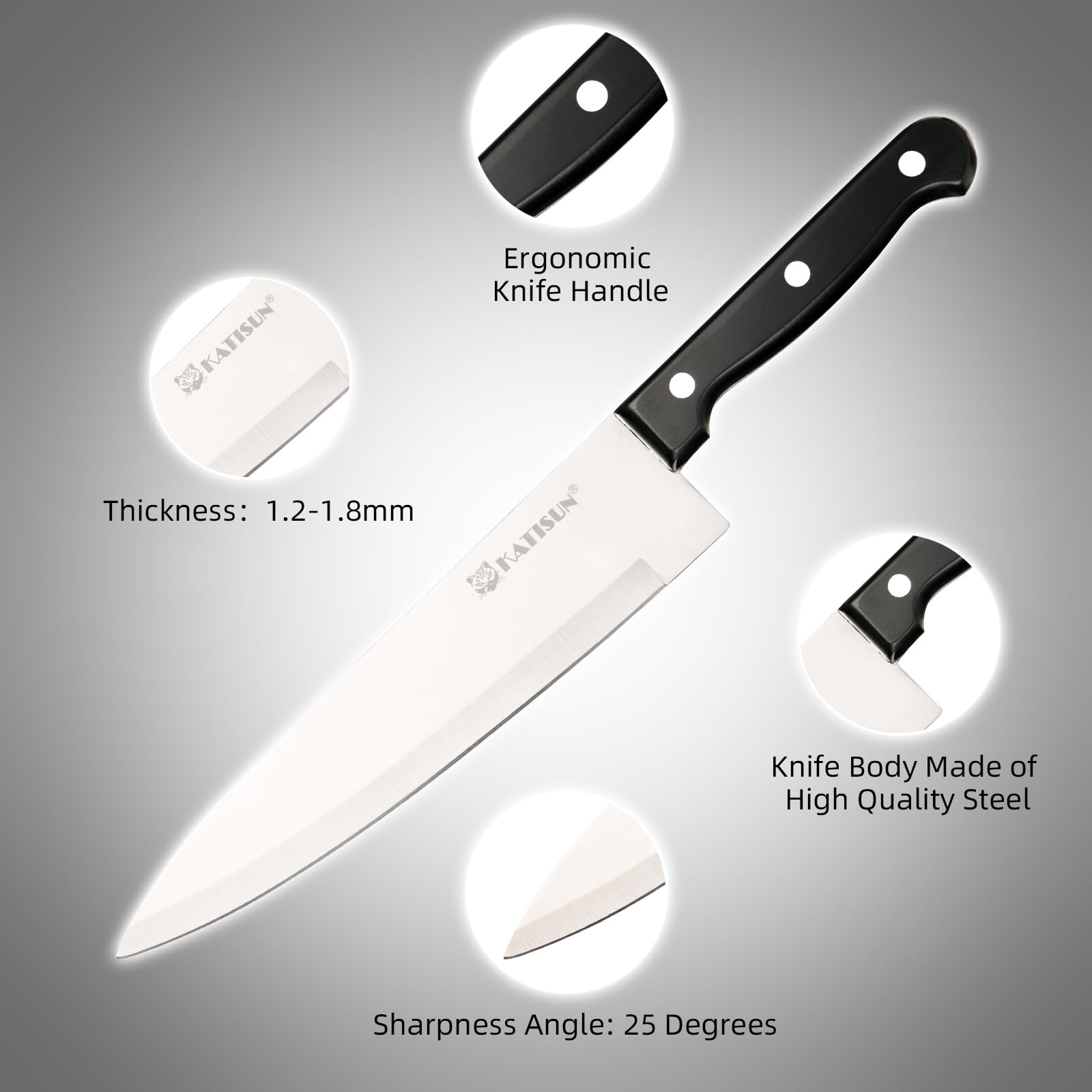 Black kitchen knife with ergonomic handle and blade edge, sharpening-angle callouts