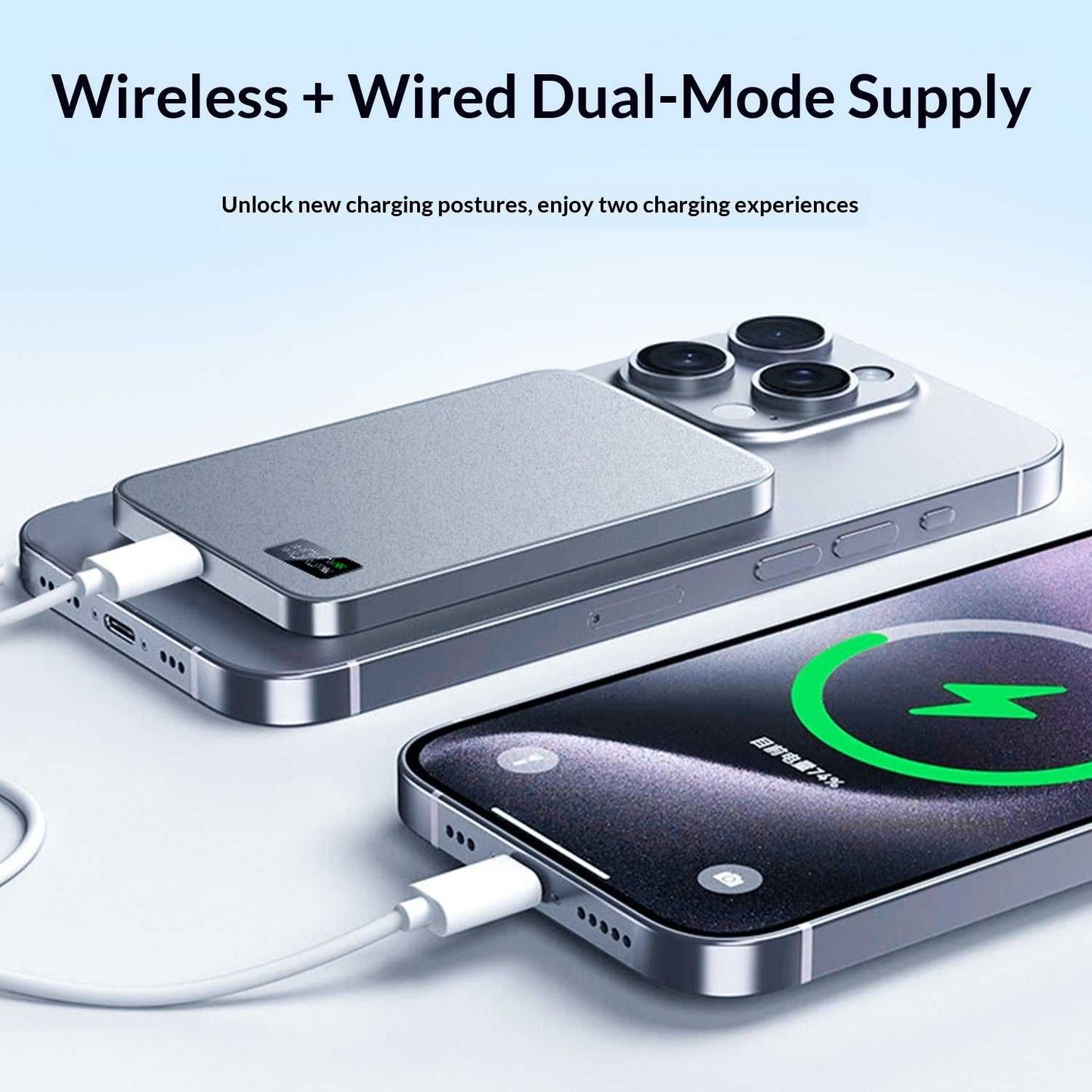 3-in-1 MagSafe power bank in silver with wireless charging pad and dual device cables