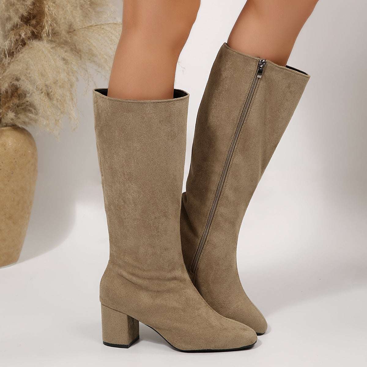 Wide Pointed Toe Chunky Heel Below The Knee Long Boots