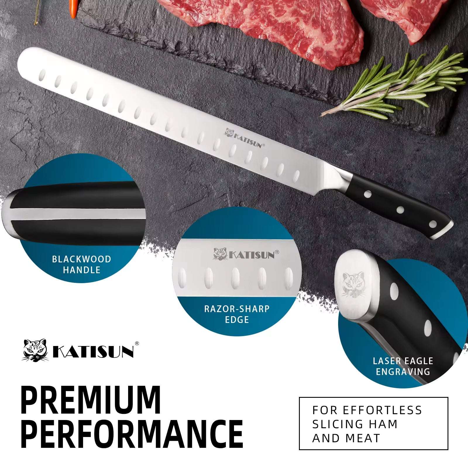 Chef carving knife with white dimpled blade and black handle, with herbs and steak