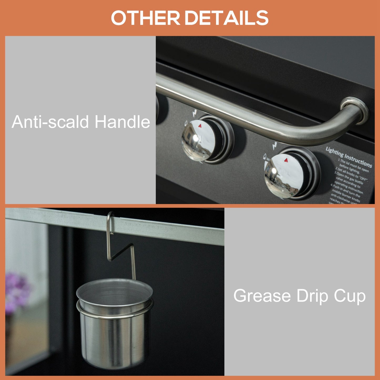 Black gas grill with anti-scald side handle and grease drip cup