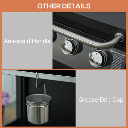 Black gas grill with anti-scald side handle and grease drip cup