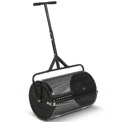 Mesh roller lawn topdressing spreader with tall handle stand and black base