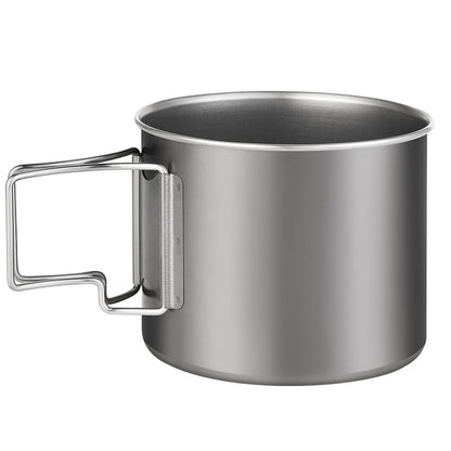 Grey titanium camping cup with side handle, open top